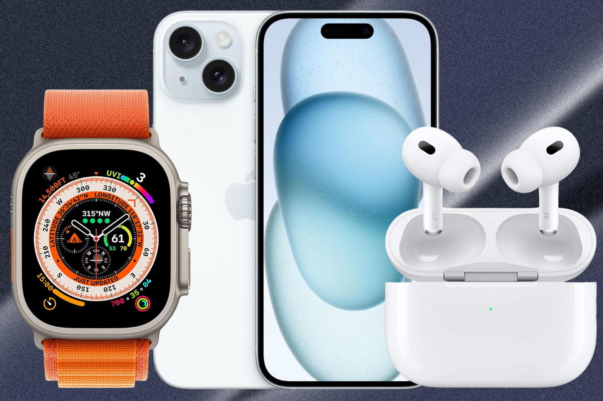 apple watch ultra iphone 15 and airpods pro pictures on a colourful background   