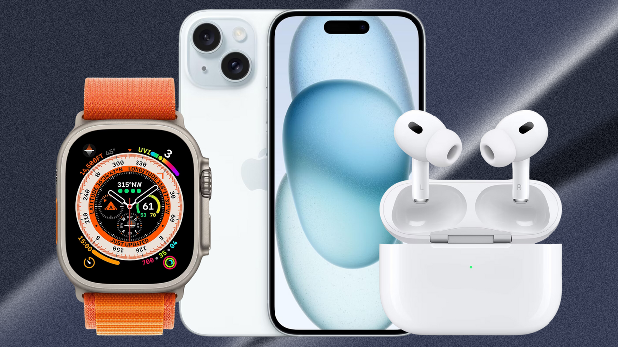 apple watch ultra iphone 15 and airpods pro pictures on a colourful background
