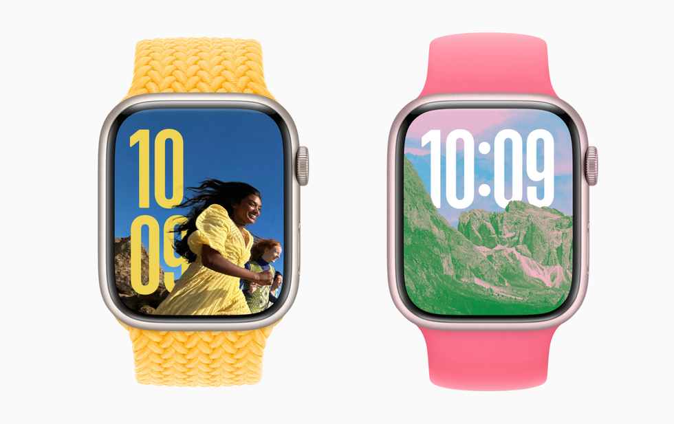 apple watch with two examples of the new photos face onscreen