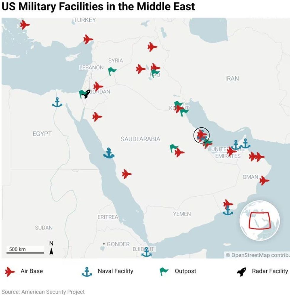 Approximate locations of US military bases in the Middle East