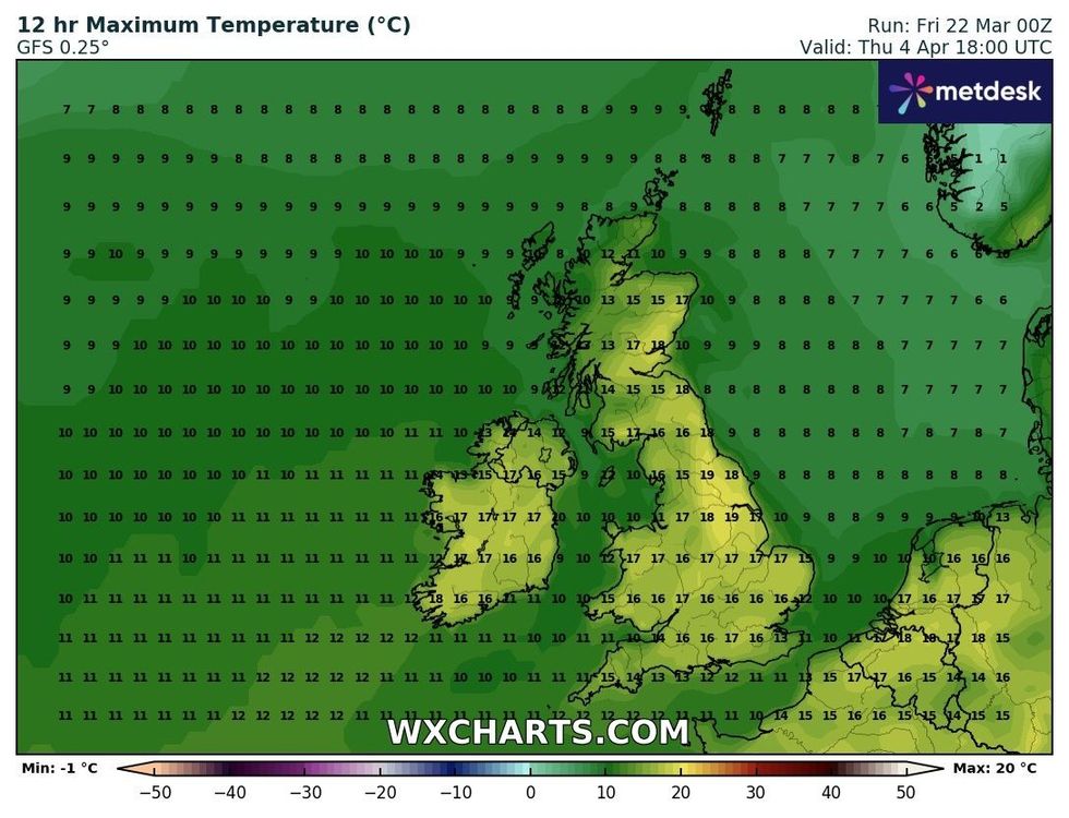 April 4 temperature map of UK