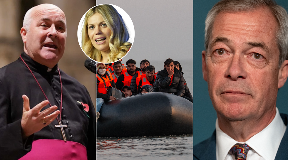 Archbishop of York Stephen Cottrell (left), small boats (middle), Nigel Farage (right)