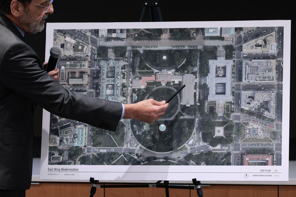 Architect Shalom Baranes points to a rendering during a public hearing regarding the White House ballroom construction at the National Capital Planning Commission