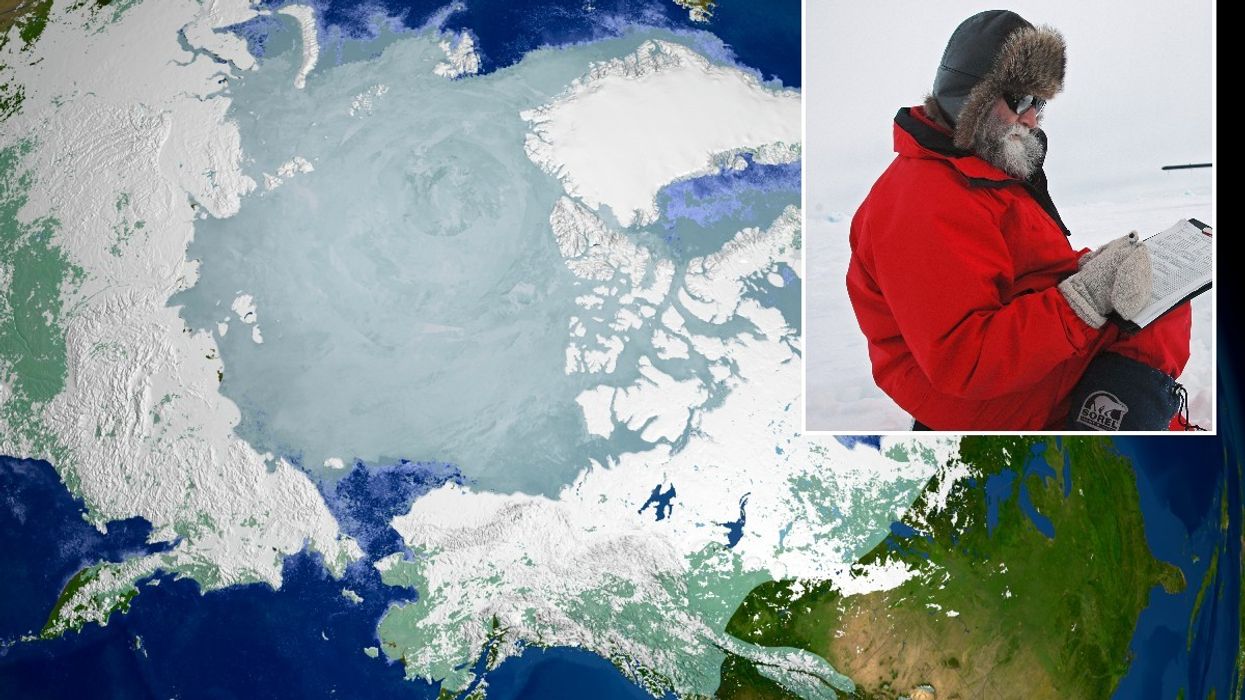 Arctic circle seen from space and French geologist Jean-Jacques Orgeval of BRGM (Bureau de recherches géologiques et minières), measuring the intensity and the direction of the Earth's magnetic field