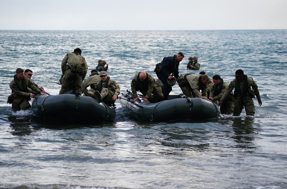 Armed Forces personnel from 47 Commando (Raiding Group) Royal Marines conduct beach landing training at Tregantle Fort