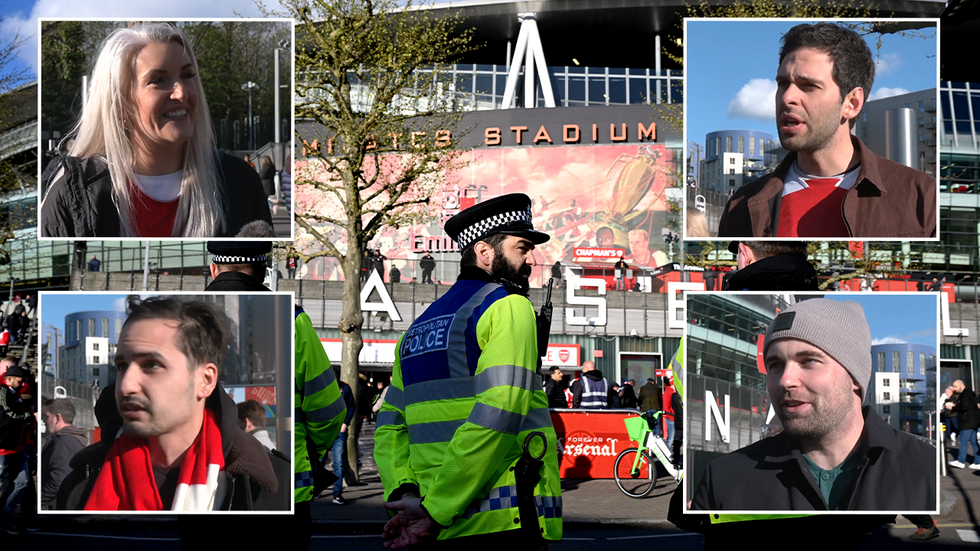 Arsenal fans speak outside the Emirates Stadium