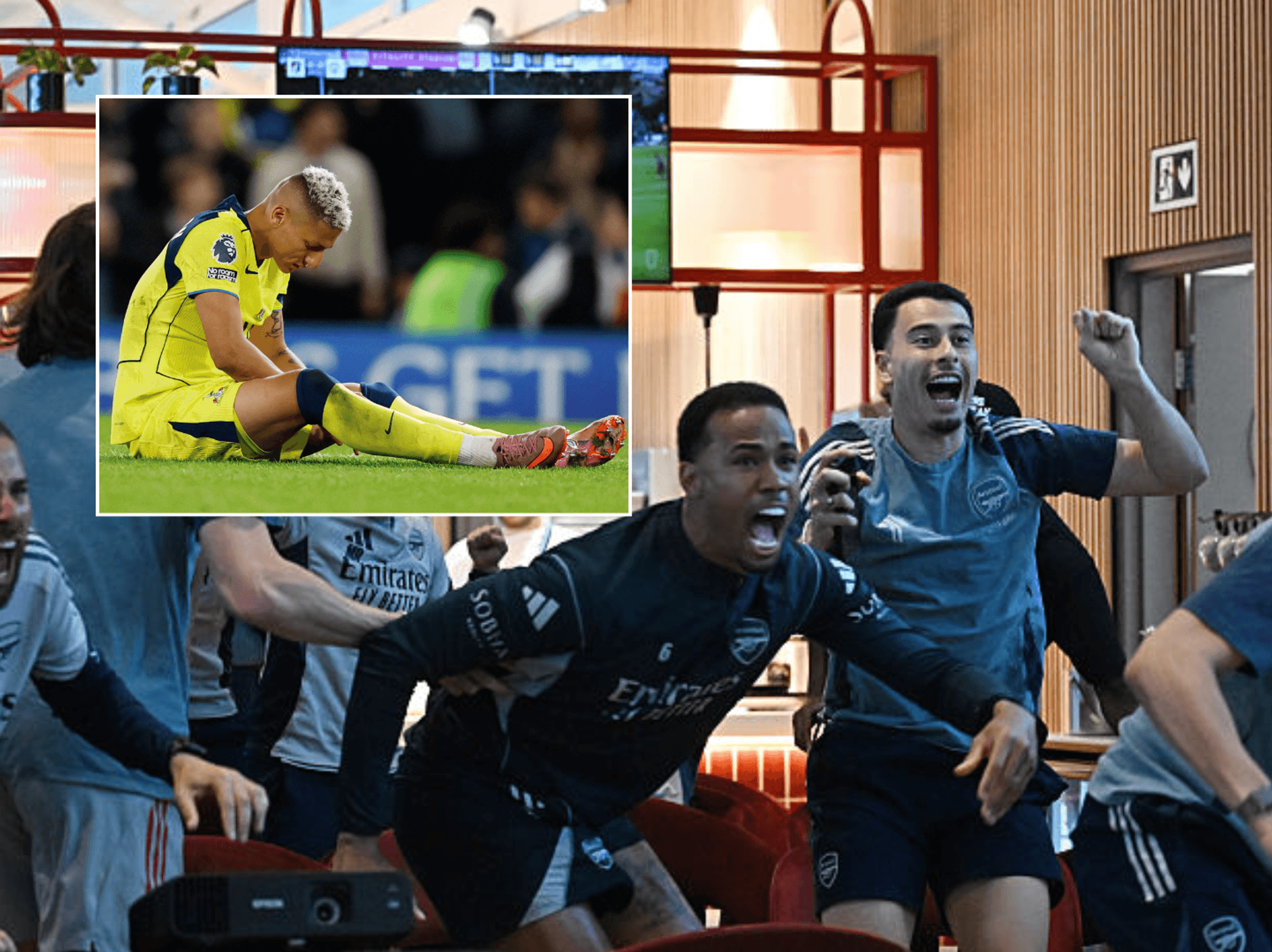 Arsenal players celebrate, Richarlison looks defeated