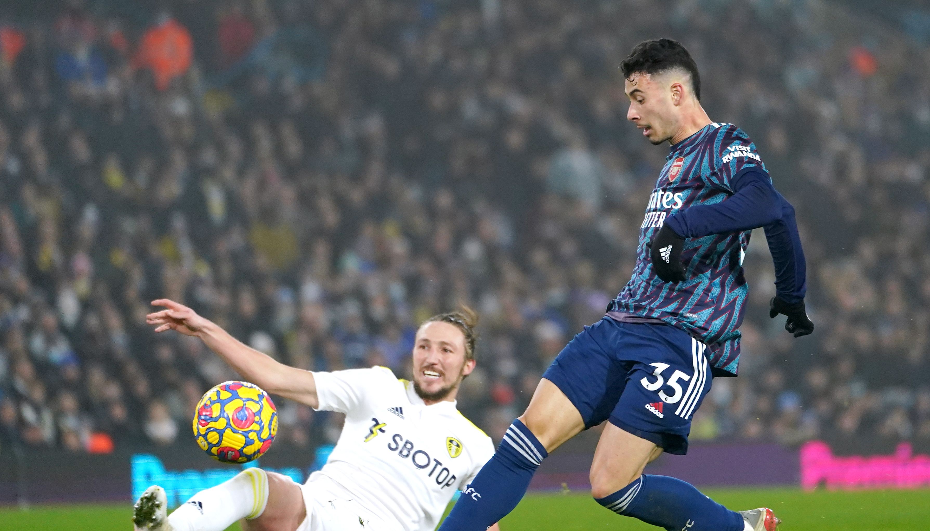 Arsenal's Gabriel Martinelli (right) scores their side's second goal of the game during the Premier League match at Elland Road.
