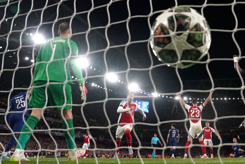 Arsenal's Mikel Merino celebrates a goal that is disallowed following a VAR check during the UEFA Champions League semi final