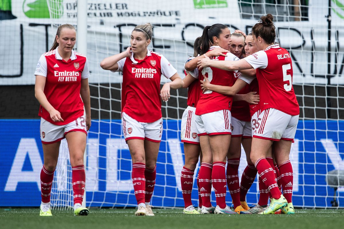 Arsenal's Stina Blackstenius celebrates with team-mates after scoring their side's second goal of the game during the UEFA Women's Champions League semi-final first leg match at The Volkswagen Arena, Wolfsburg