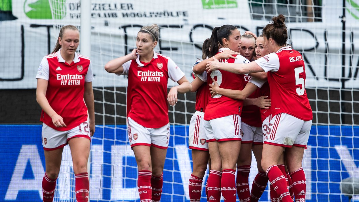 Arsenal's Stina Blackstenius celebrates with team-mates after scoring their side's second goal of the game during the UEFA Women's Champions League semi-final first leg match at The Volkswagen Arena, Wolfsburg