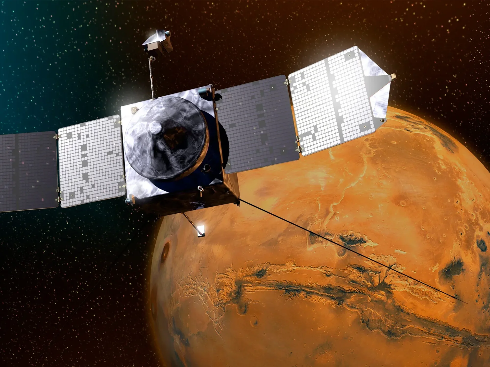 artist rendition of Maven probe and Mars