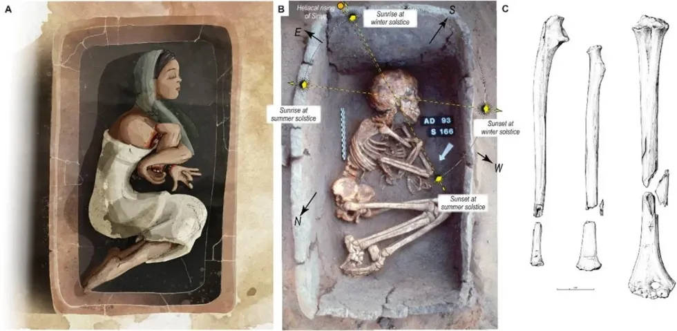 Artist's impression of how Egyptian girl would have been buried - compared to her remains today