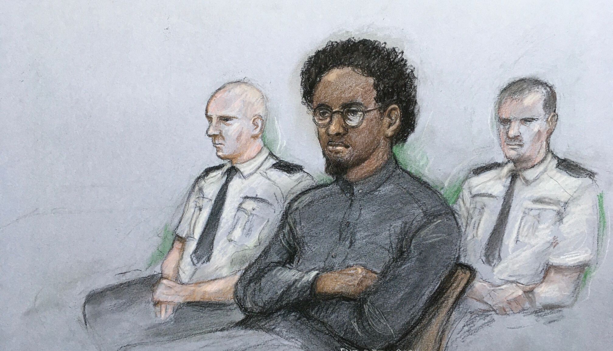 Artist sketch of Ali Harbi Ali in the dock at the Old Bailey