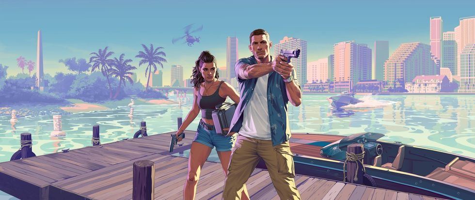 artwork for Grand Theft Auto VI with the two protagonists with weapons