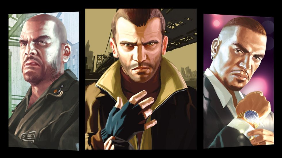 artwork for GTA IV and the two DLC story packs The Lost and Damned and The Ballad of Gay Tony