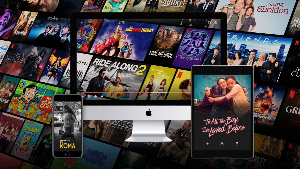 artwork for netflix tv shows and films pictured in a mosaic with three devices capable of running netflix shown in the foreground