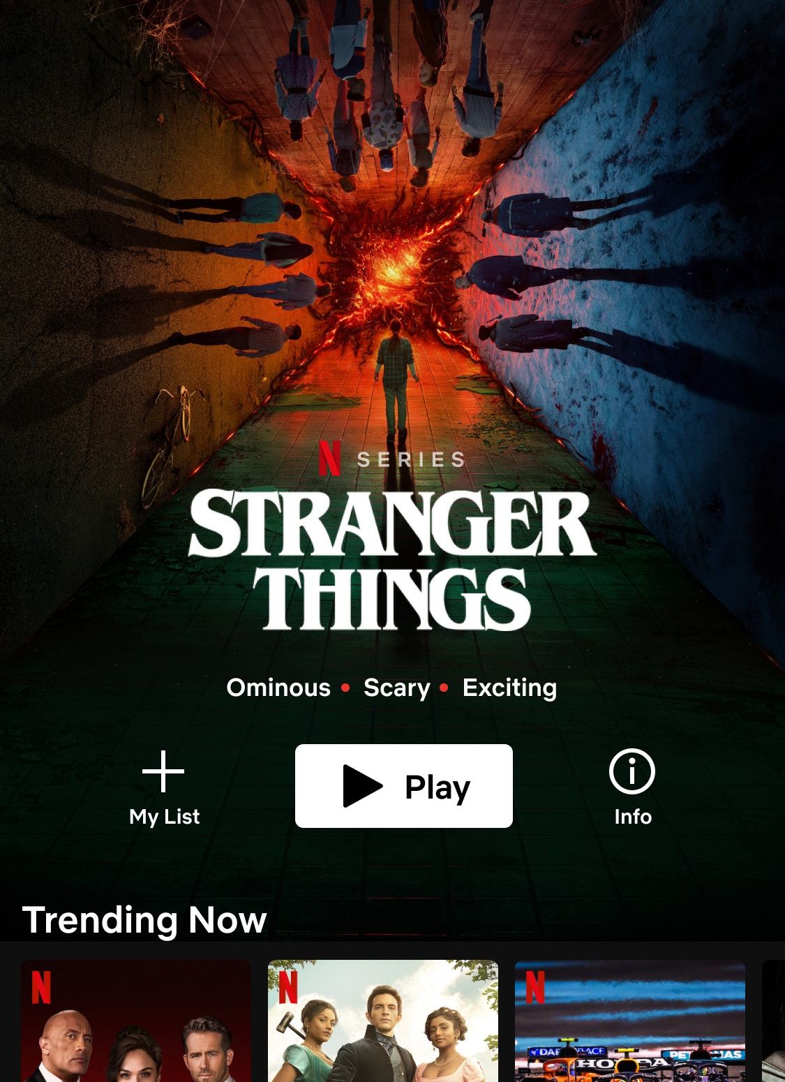 artwork for the new season of stranger things on the netflix app with the tags to categorise the show