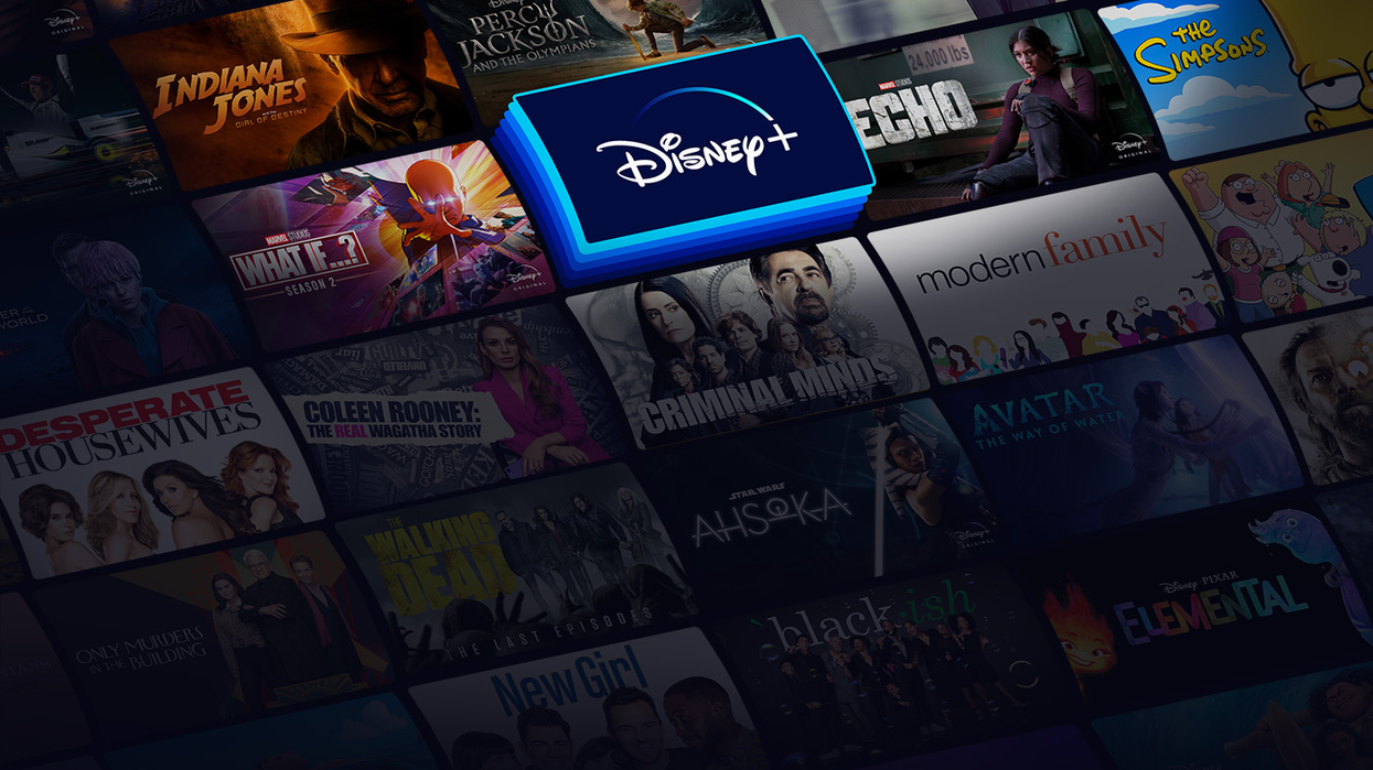 artwork from some of the biggest shows and films on disney plus are pictured in a grid with the logo for the streaming service at the centre