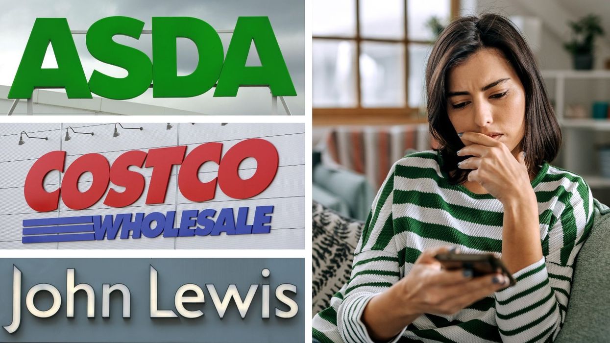 Asda, John Lewis and Costco Wholesale logos and person looks worried at phone