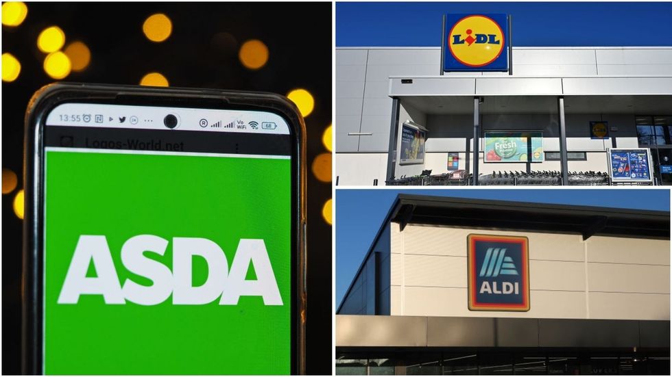 Asda logo on phone, Aldi store and Lidl store