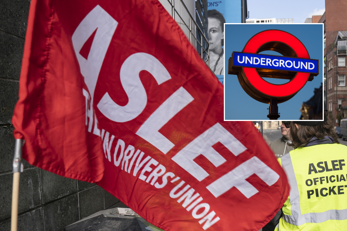 Aslef flag alongside inset of Underground sign