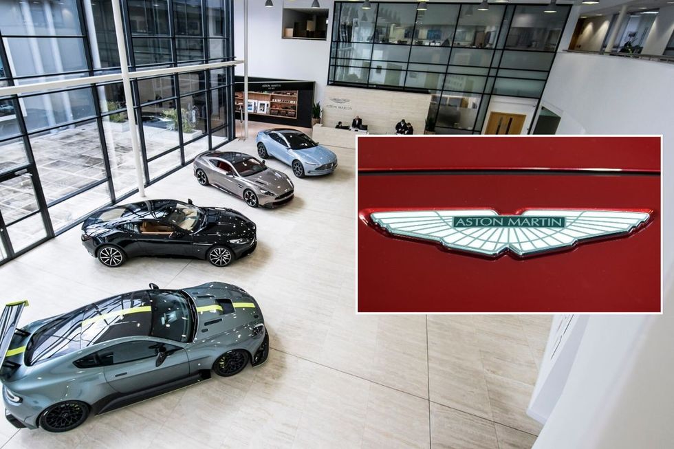 Aston Martin's Gaydon plant and an Aston Martin logo