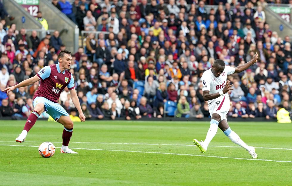 Aston Villa's Moussa Diaby scores their side's third goal of the game during the Premier League match at Turf Moor, Burnley.