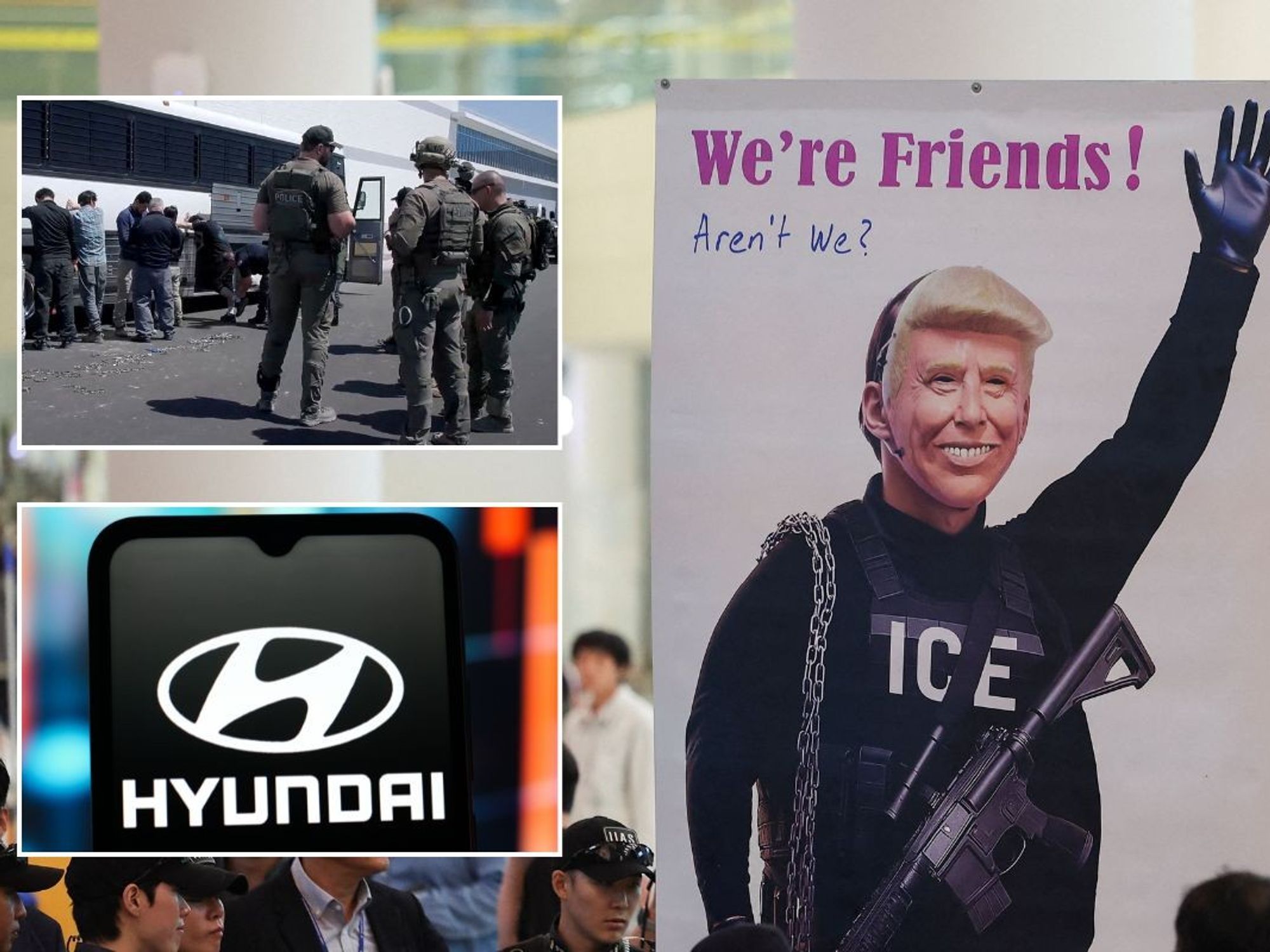 ATF raid on a Hyundai plant in Georgia, a mocking poster of Donald Trump and a Hyundai logo
