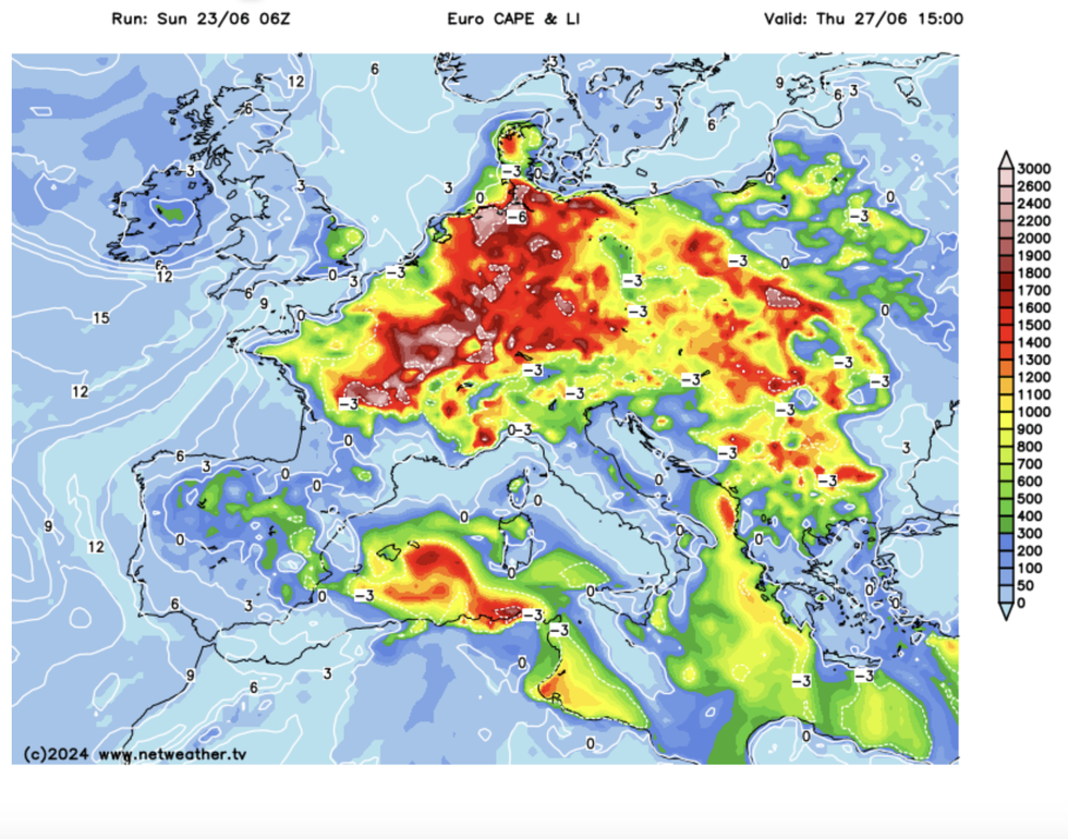 Atmospheric energy (CAPE) rising in Europe and into the UK