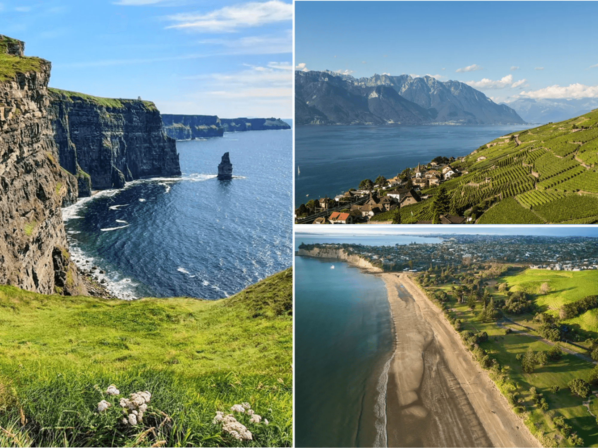 Auckland New Zealand / Cliffs of Moher, Ireland / Lausanne Switzerland