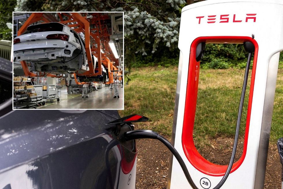 Audi car production factory and a Tesla Supercharger