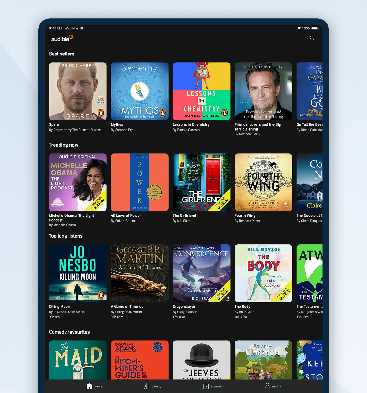 audible app with list of bestselling books pictured on-screen on an ipad