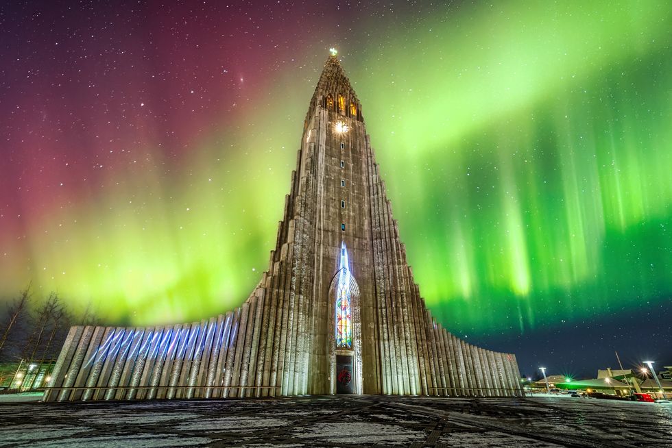 Aurora borealis above Hallgrimskirkja church