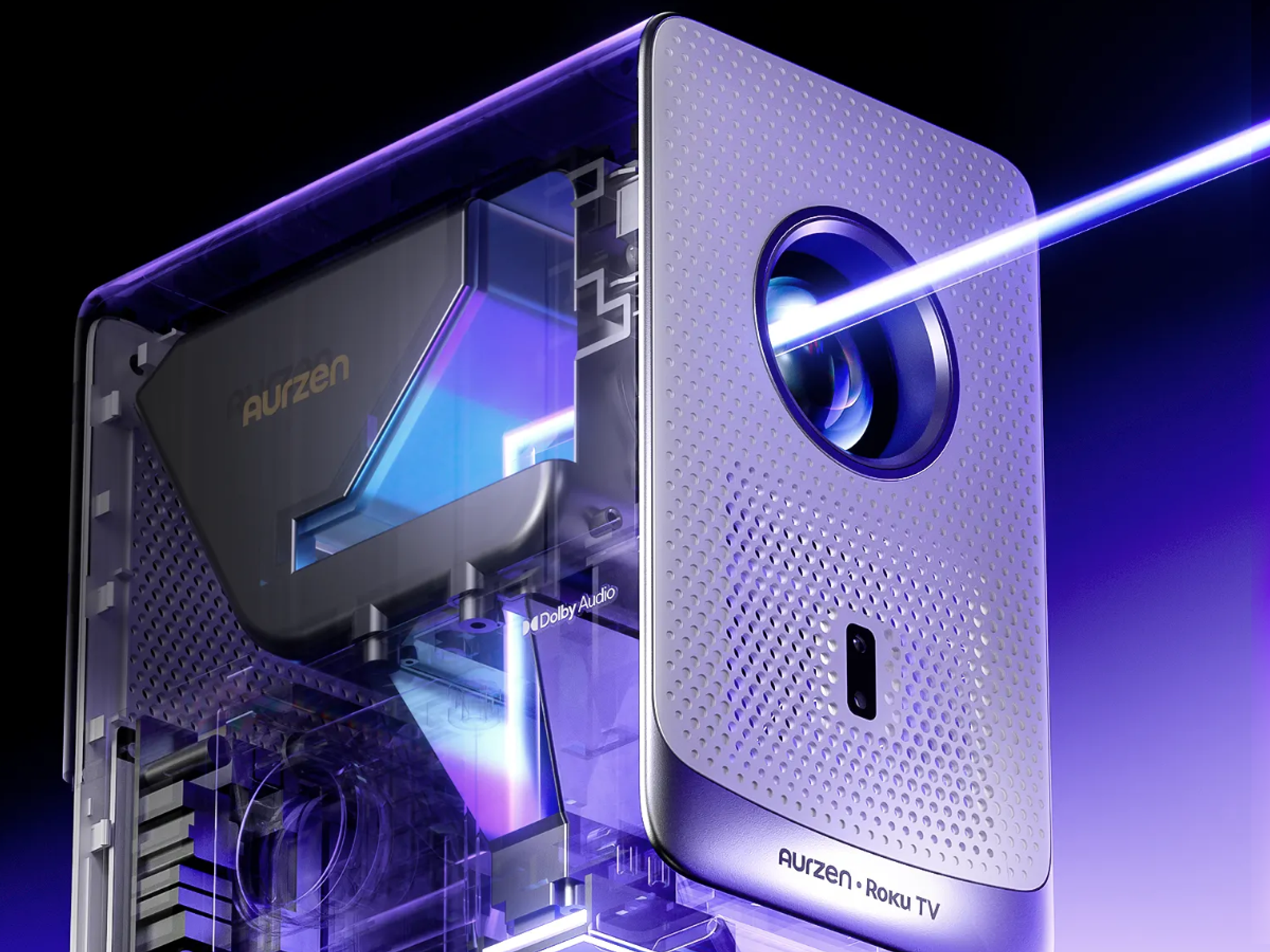 Aurzen D1R Cube projector pictured with the side open