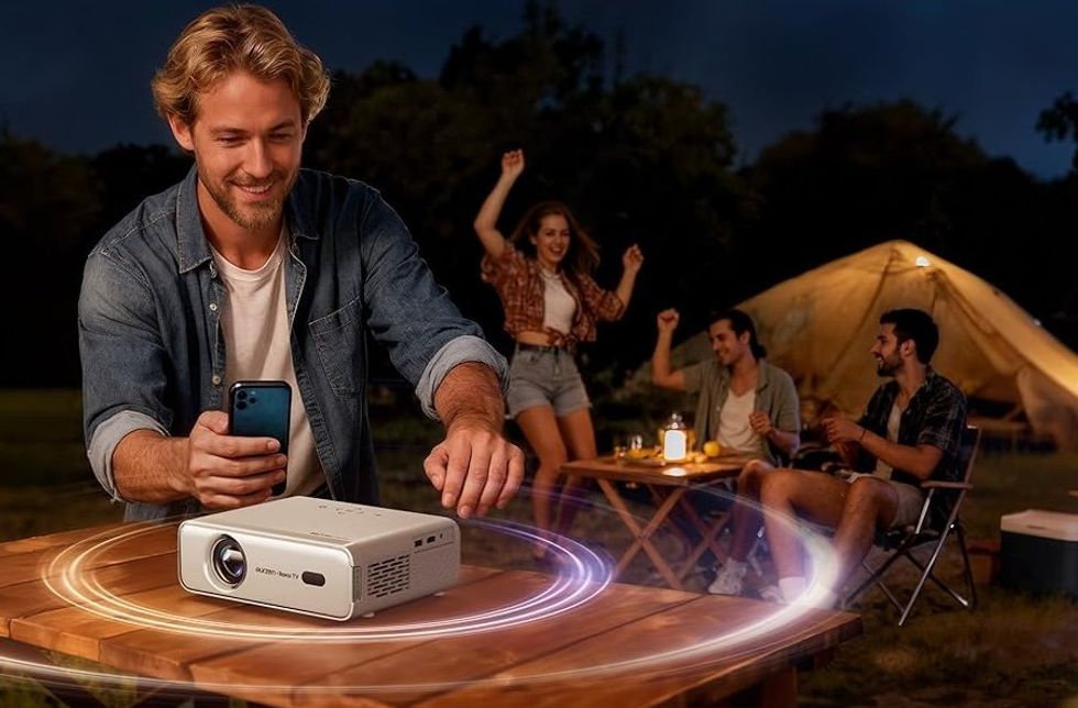 Aurzen Roku TV Smart Projector used during camping