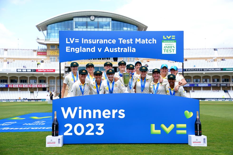 Australia players celebrate after winning day five of the first Women's Ashes test match at Trent Bridge