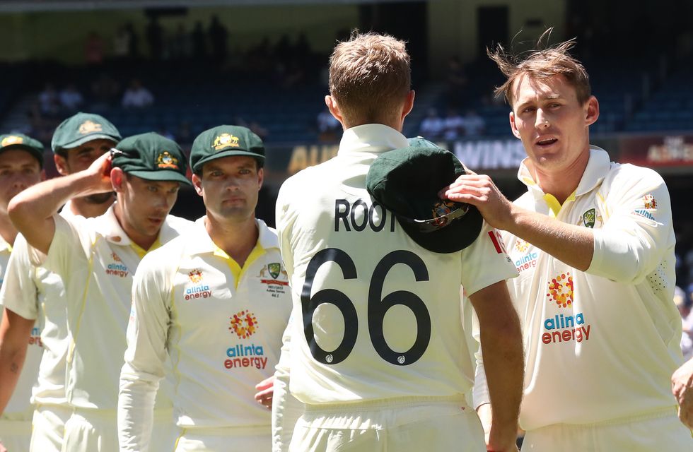 Australia's Marnus Labuschagne shakes hands with Joe Root during day three of the third Ashes test at the Melbourne Cricket Ground.