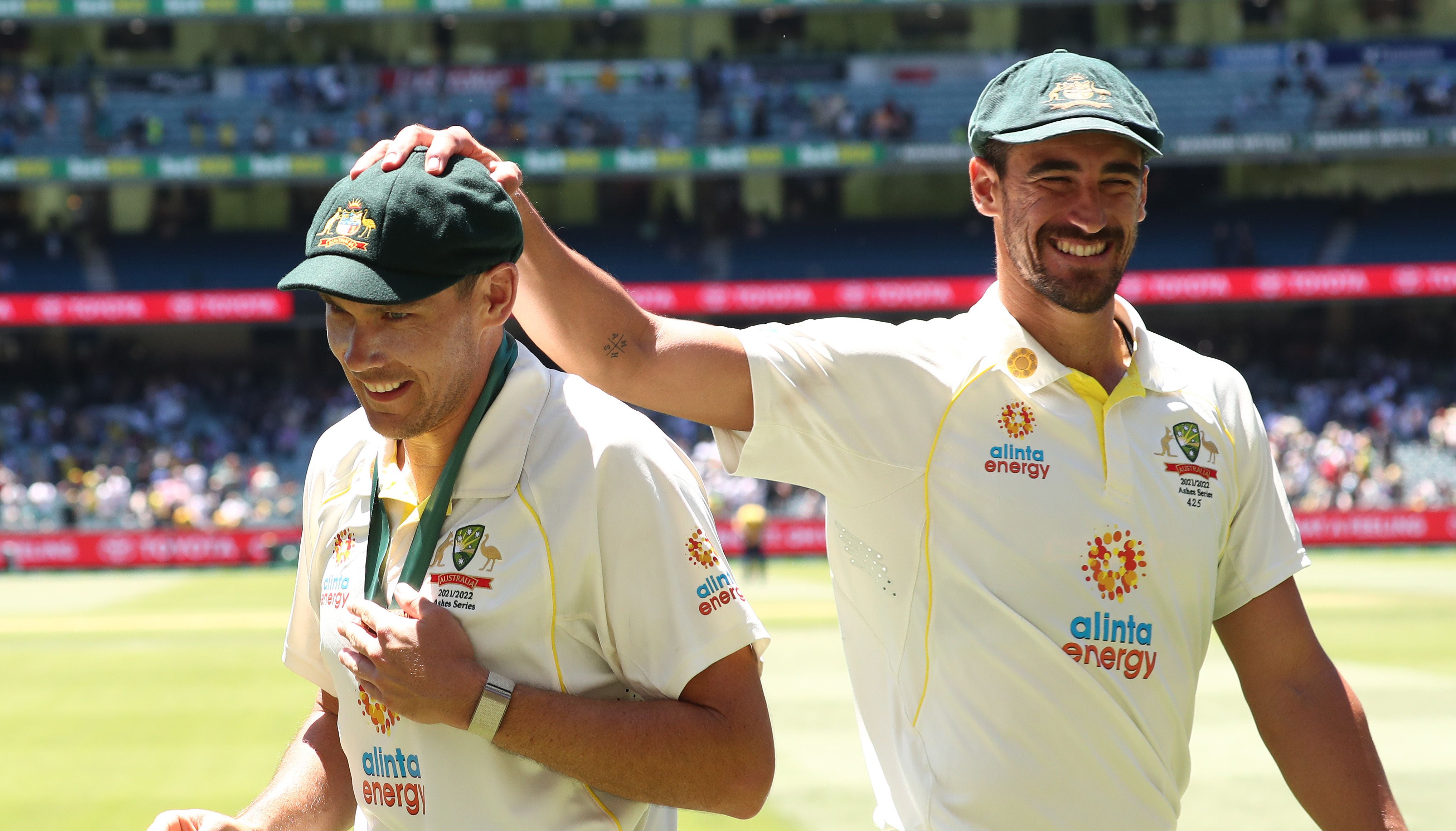 Australia's Scott Boland is congratulated by Mitchell Starc during day three of the third Ashes test at the Melborne Cricket Ground.