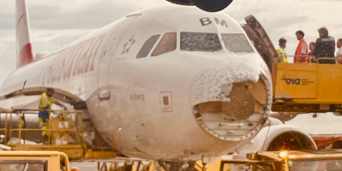 NextImg:Hail storm RIPS OFF nosecone of Airbus flight and peppers cockpit windows mid-flight