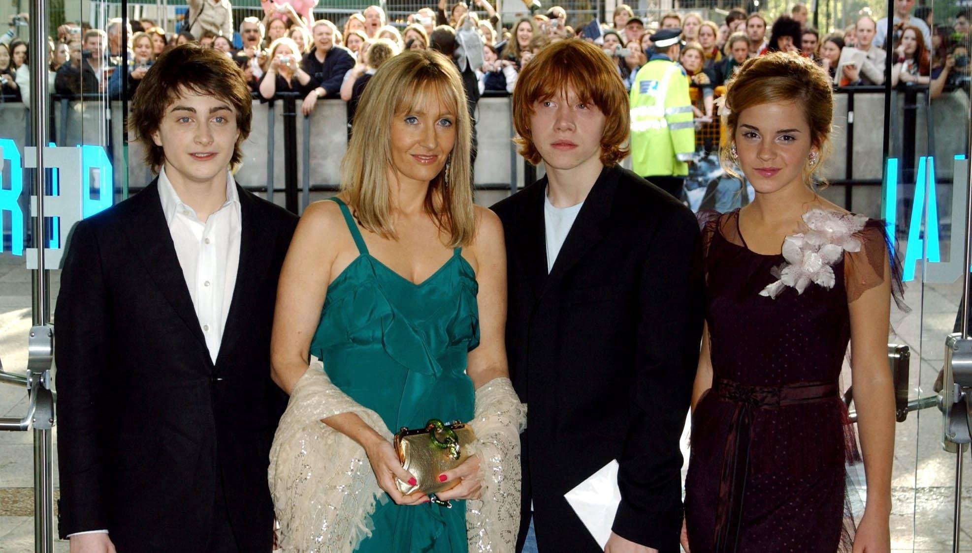 Author JK Rowling (centre left) with stars of the film Daniel Radcliffe (far left), Rupert Grint and Emma Watson arrive for the UK premiere of Harry Potter And The Prisoner of Azkaban.
