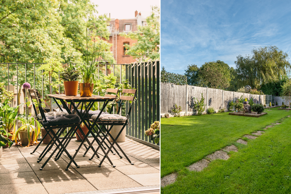 Balcony covered in greenery and garden table; sunny garden with flowers and grass