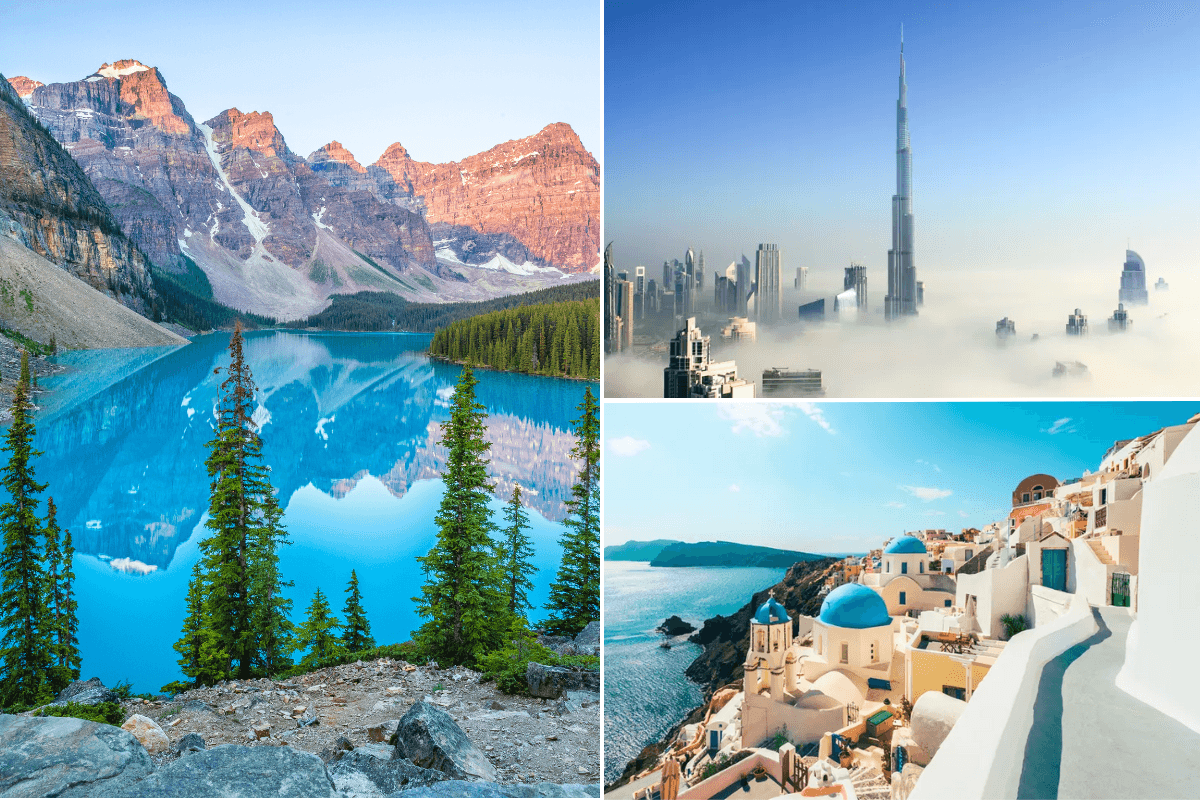 Banff National Park, Canada, Rocky Mountains / Burj Khalifa, Dubai / Santorini, Greece