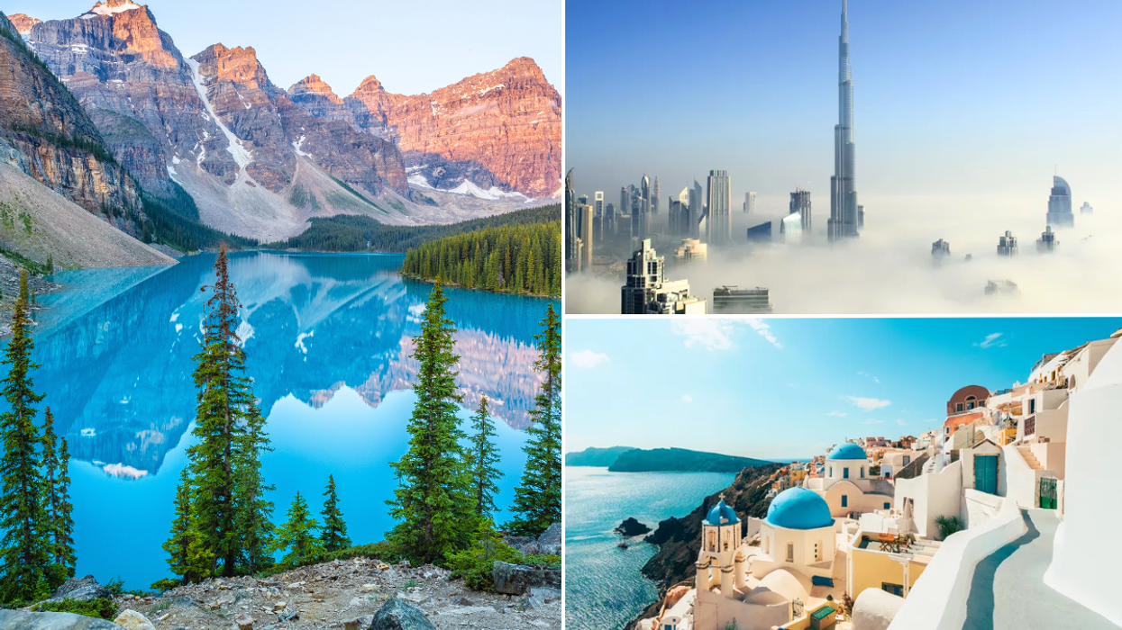 Banff National Park, Canada, Rocky Mountains / Burj Khalifa, Dubai / Santorini, Greece
