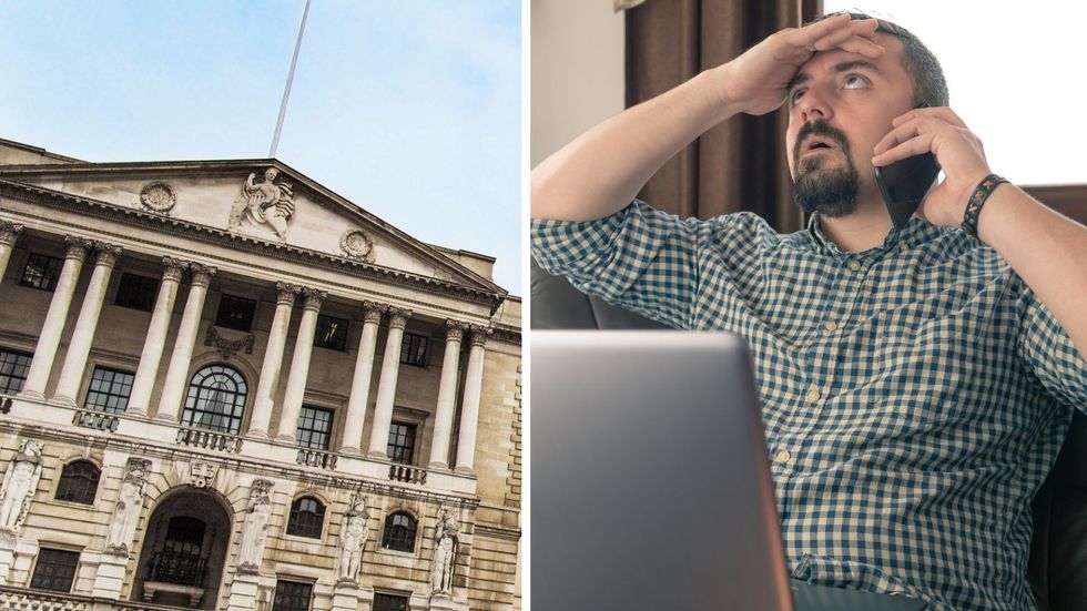 Bank of England and man looking stressed on the phone