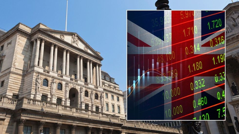 Bank of England and Union Jack with interest rate graph