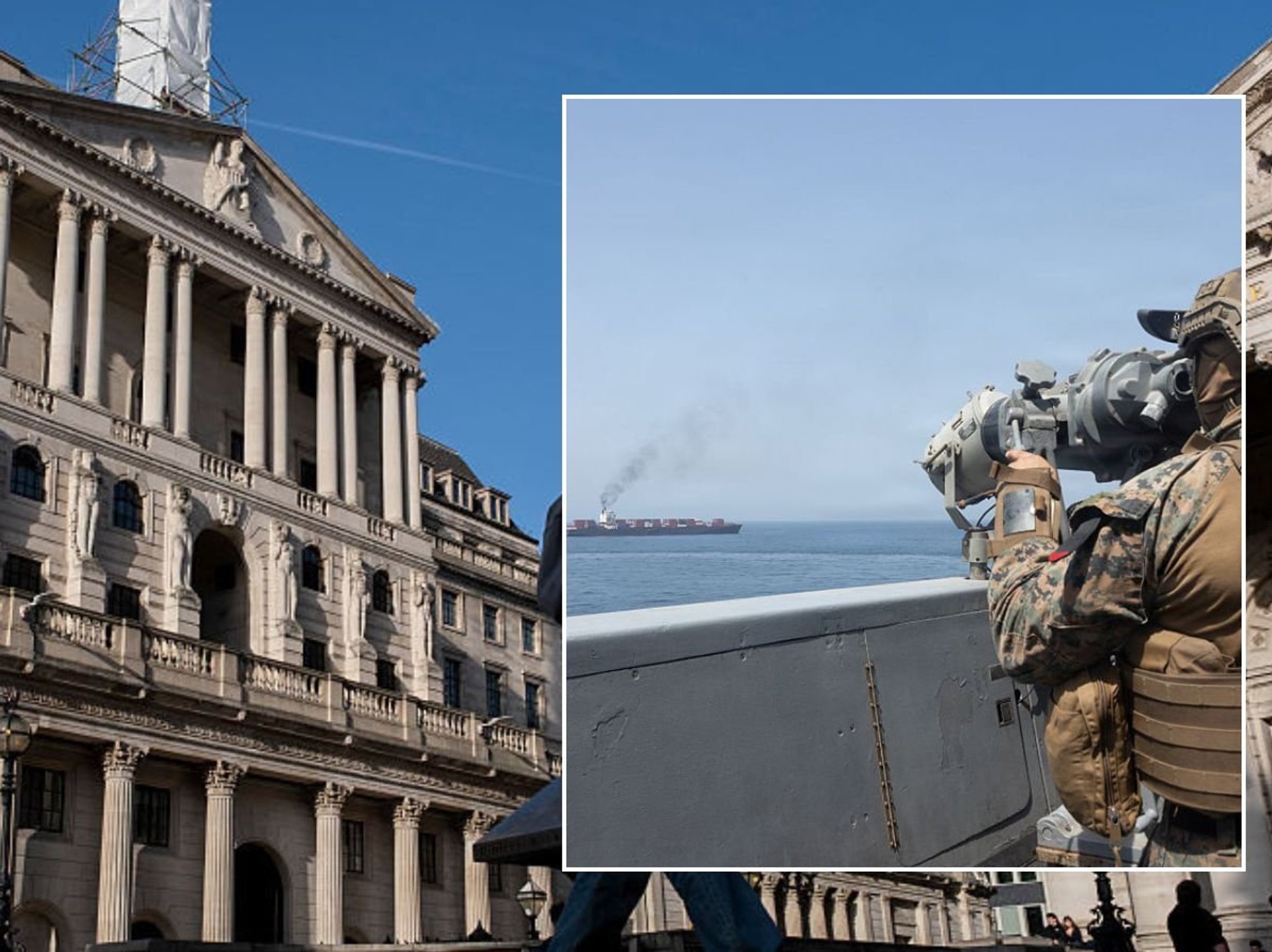 Bank of England and US Navy ship on Strait of Hormuz