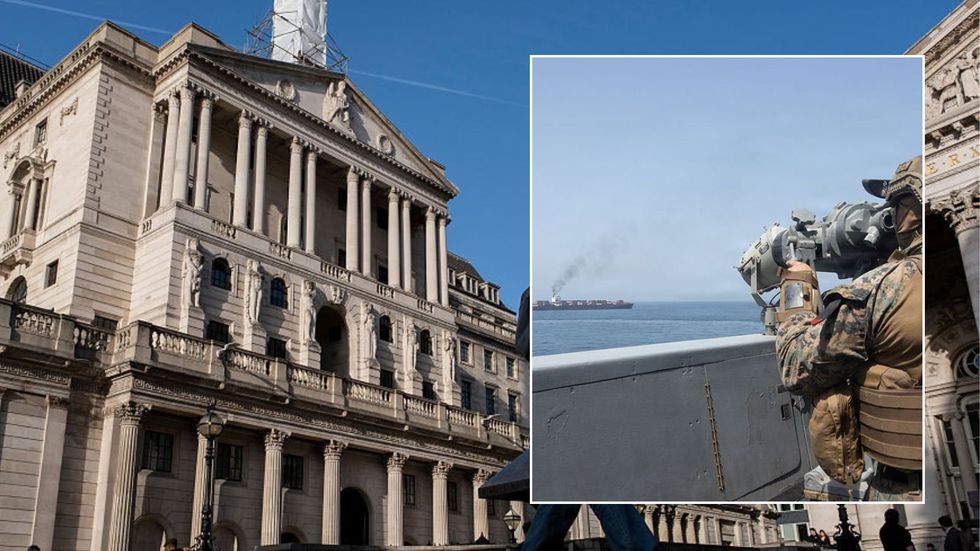 Bank of England and US Navy ship on Strait of Hormuz