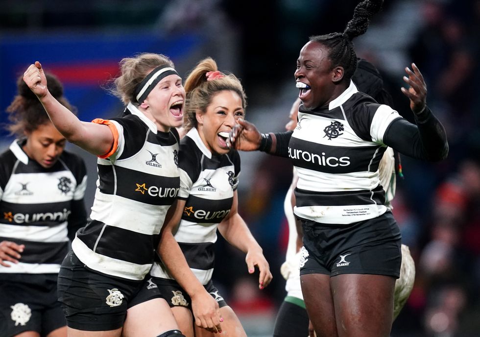 Barbarians' Simi Pam (right) celebrates scoring a try during the Autumn International match at Twickenham Stadium.