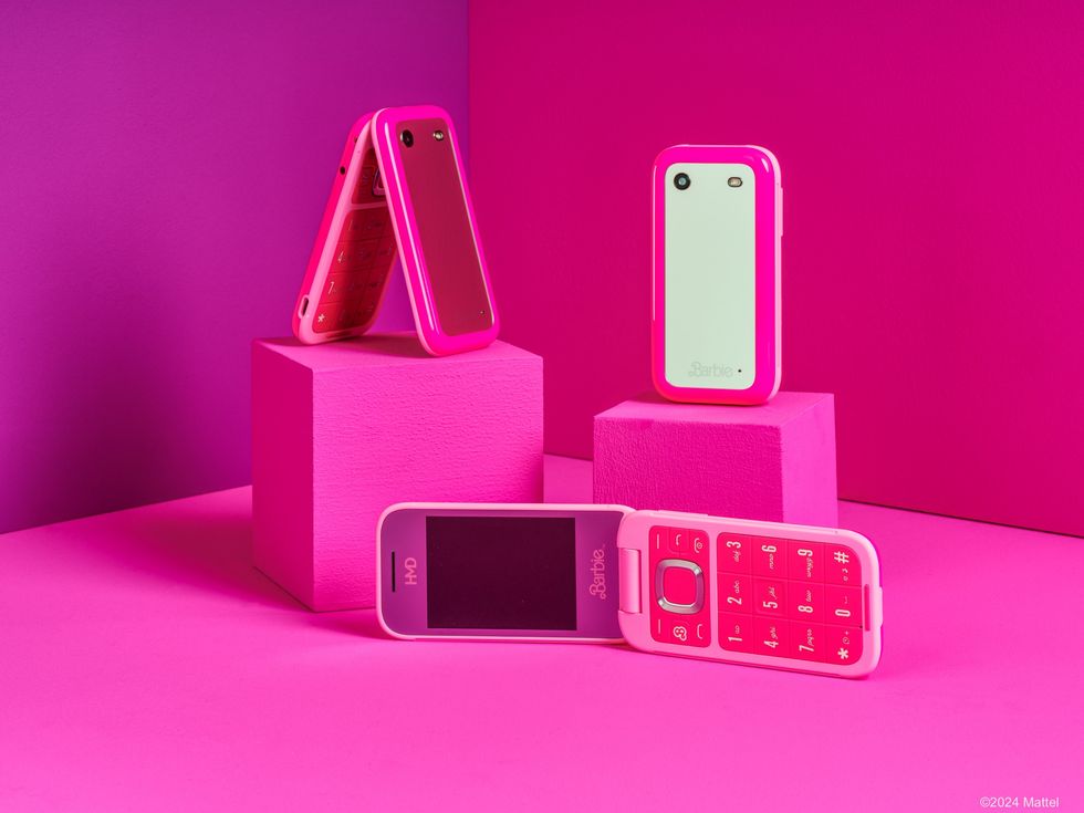 barbie phone pictured closed and open in a photoshoot